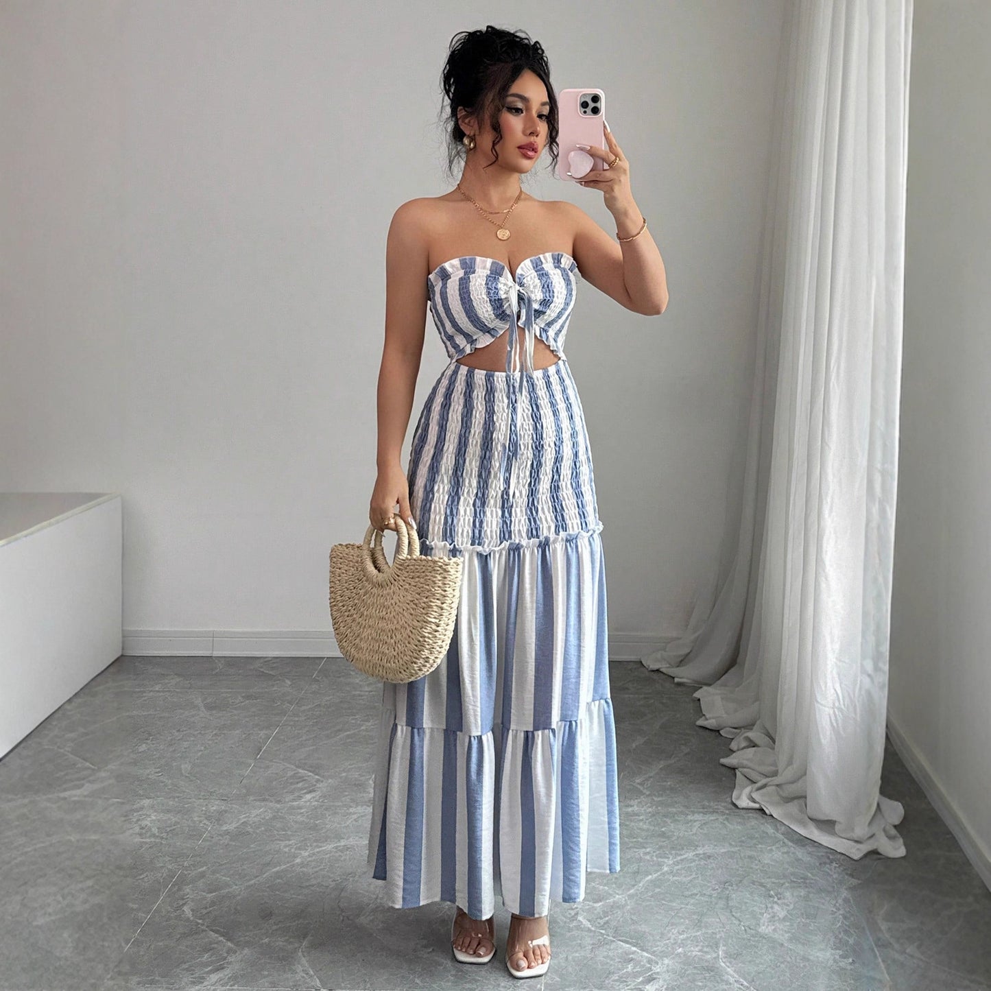 Women's Fashion Wear Striped Slim Fit Long Dress