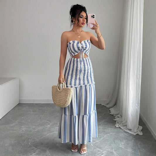 Women's Fashion Wear Striped Slim Fit Long Dress