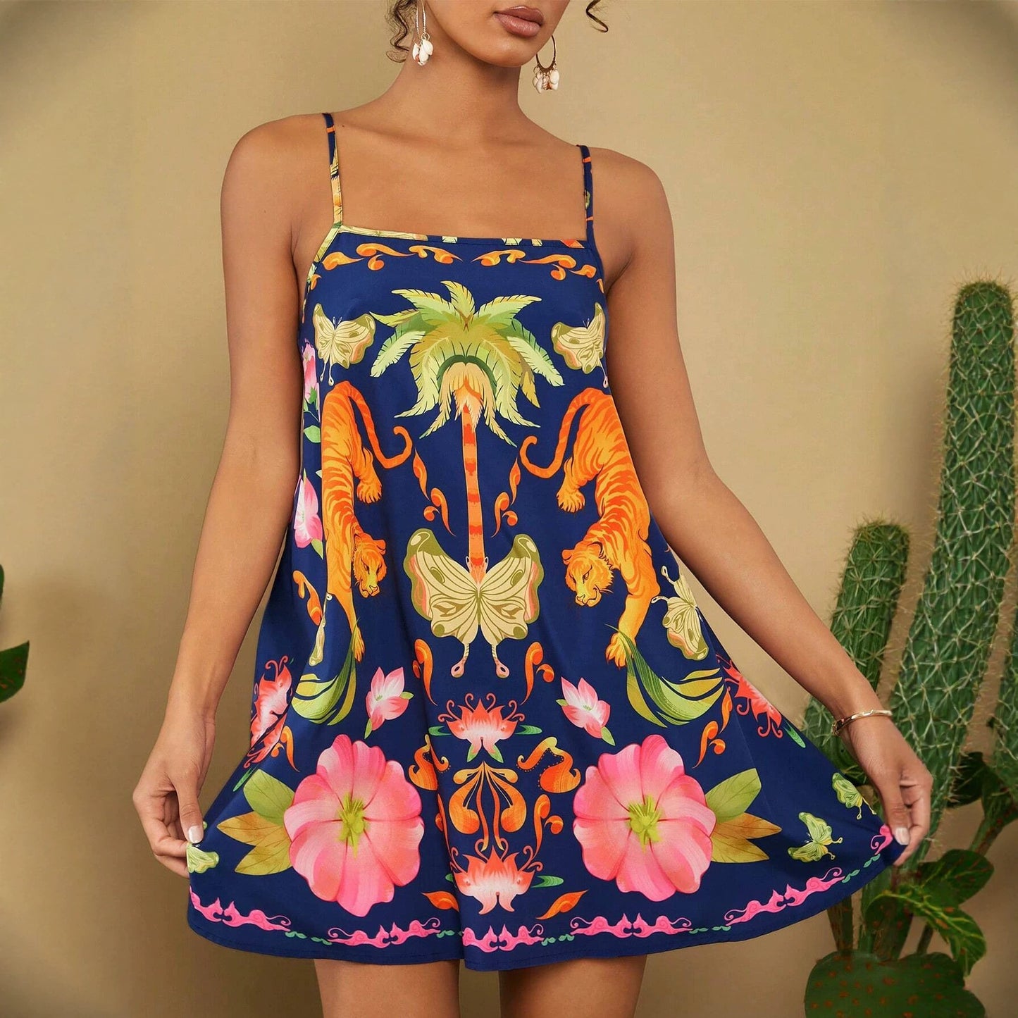 Women's Summer Bohemian Style Positioning Print Sleeveless Strap Dress