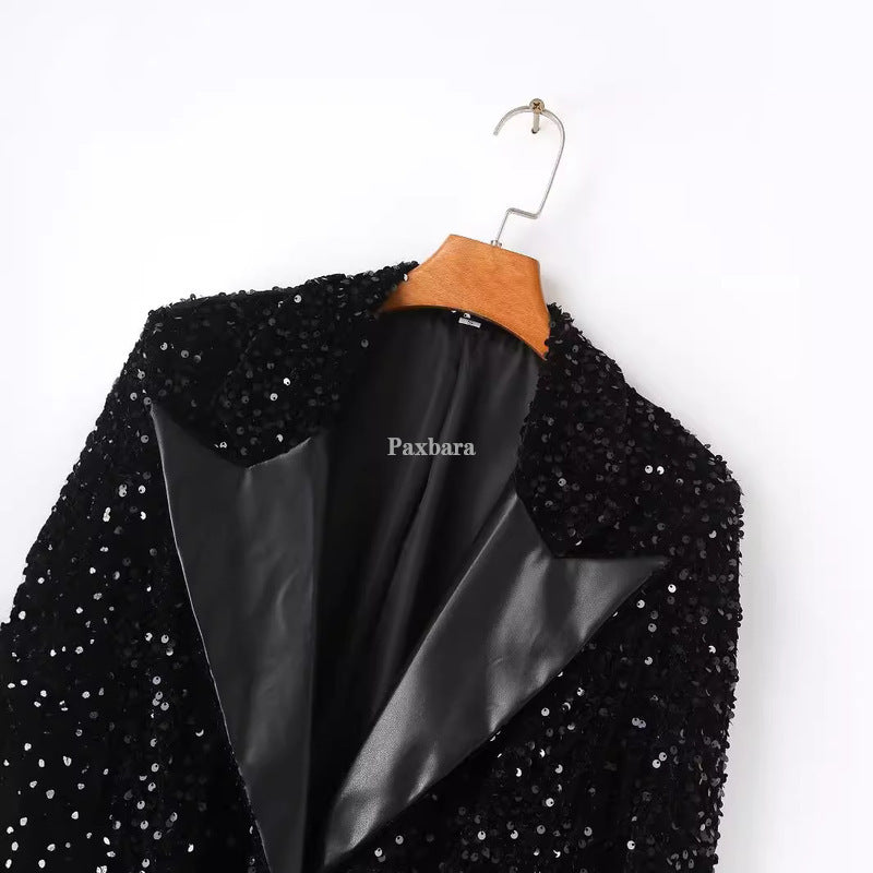 Women's Stylish Patchwork Neckline Casual Sequin Blazers