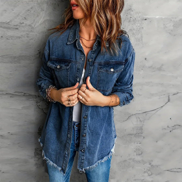 Women's Dark Blue Denim Shirt Long Sleeve Loose Tops