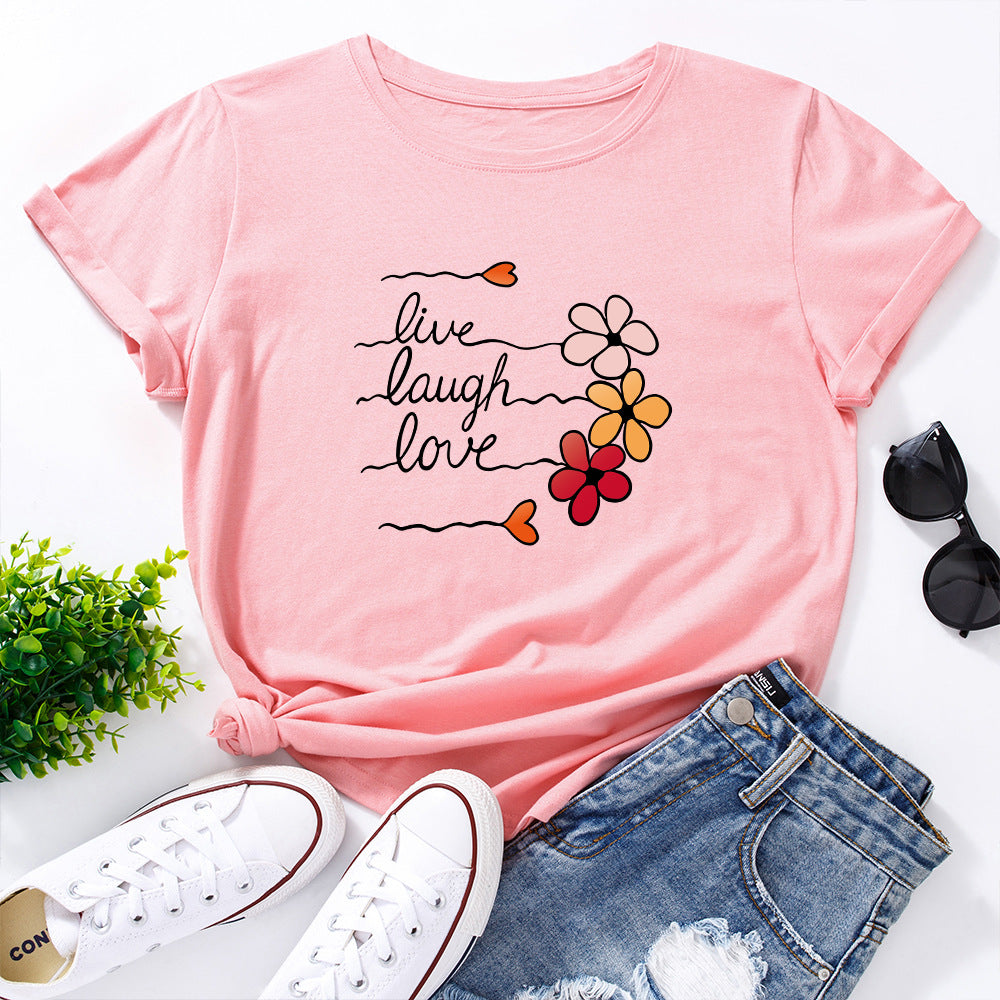 Women's Cotton Loose Round Neck Sleeve Women's T-shirt