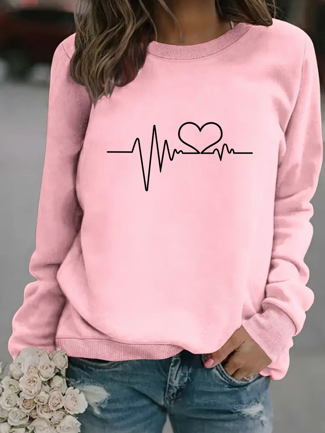 Women's Long-sleeved Round Neck Heartbeat Print Pullover Women's Sweater, Sweater
