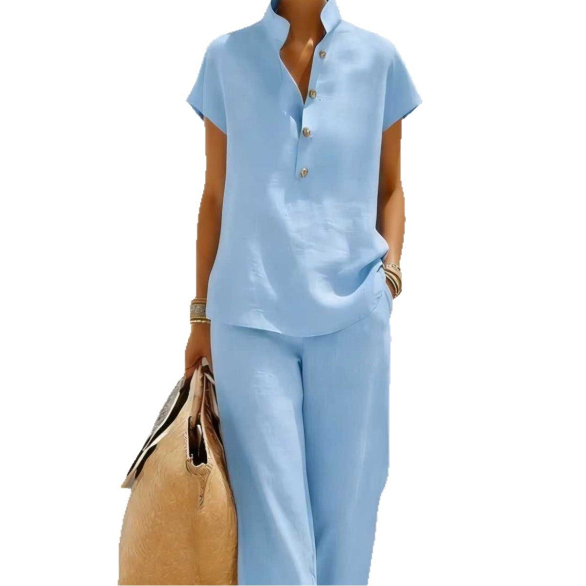 Women's Two-piece Summer Solid Color Sleeve Shirt Trousers Shorts