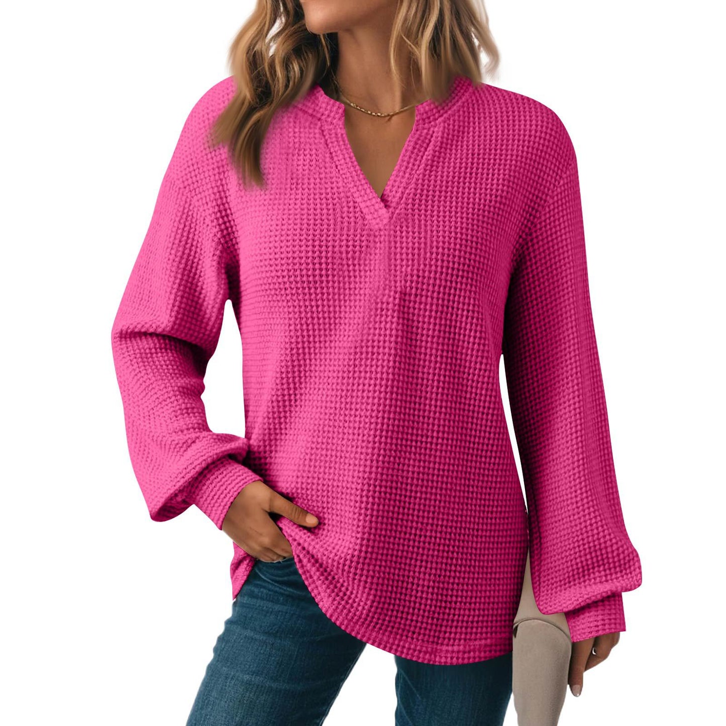 Women's Solid Color Waffle Loose Long Sleeve Women's Sweater, Sweater