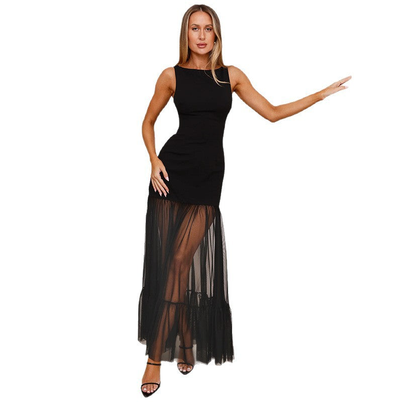Sleeveless Mesh Stitching Backless Lace Up Dresses