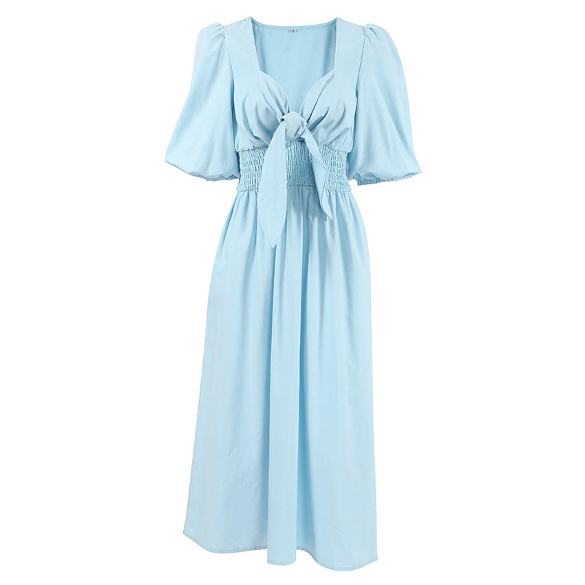Women's Linen Dress French Autumn Puff Sleeve High Waist Dresses