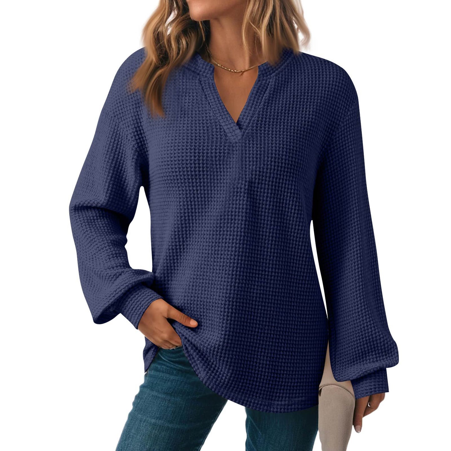 Women's Solid Color Waffle Loose Long Sleeve Women's Sweater, Sweater