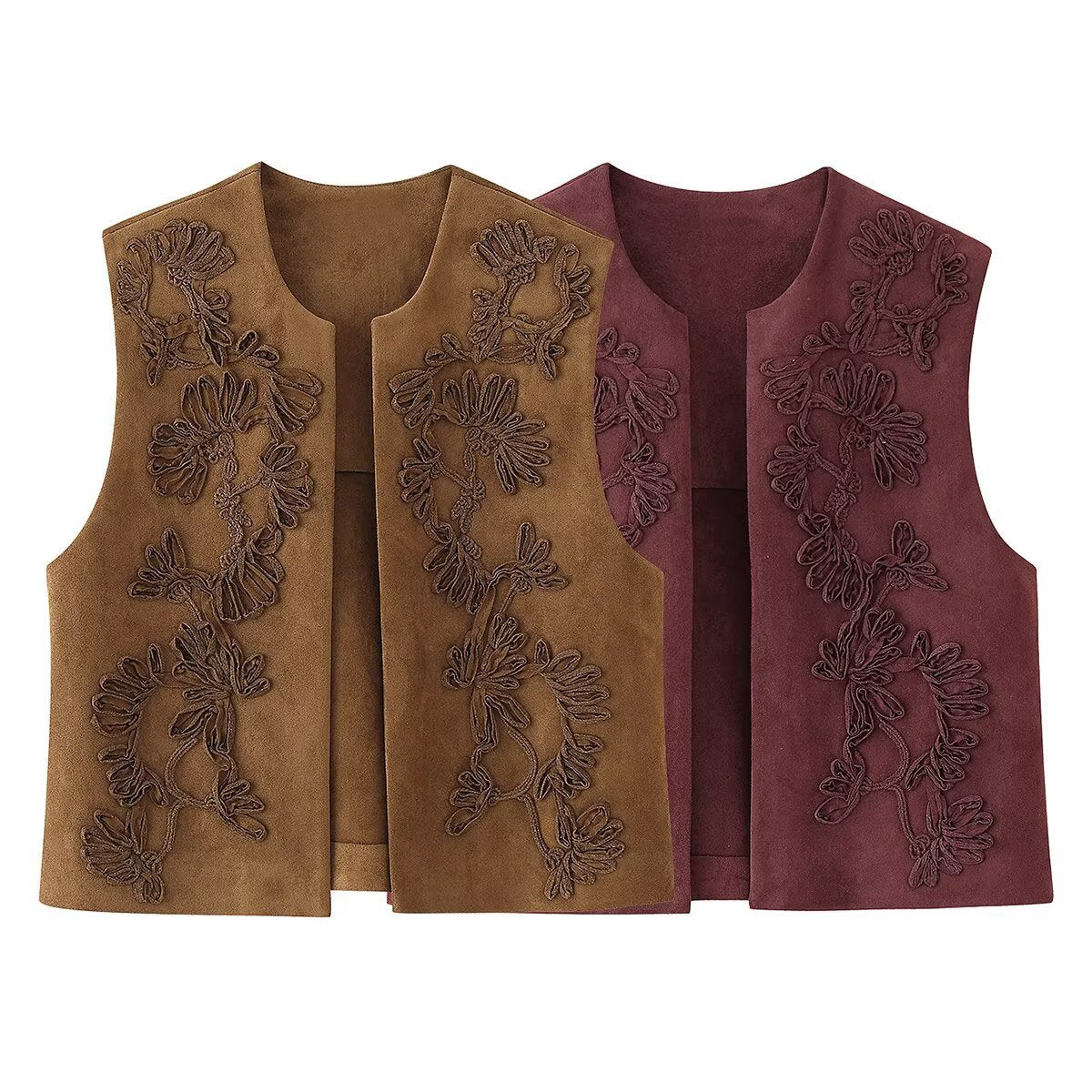 Women's Embroidered Suede Texture Round Neck Vests