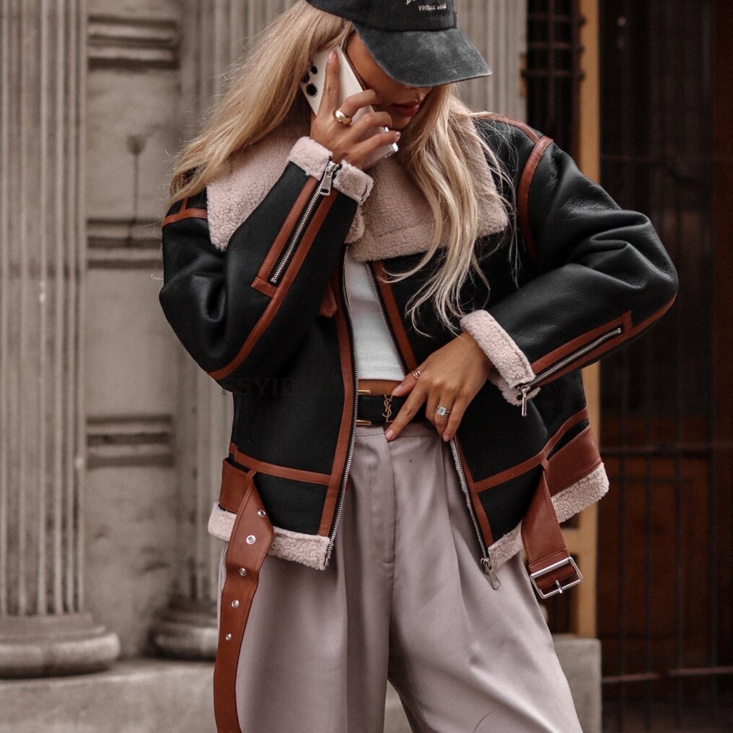 Women's Outerwear Large Lapel Motorcycle Single-layer Fleece-lined Jackets