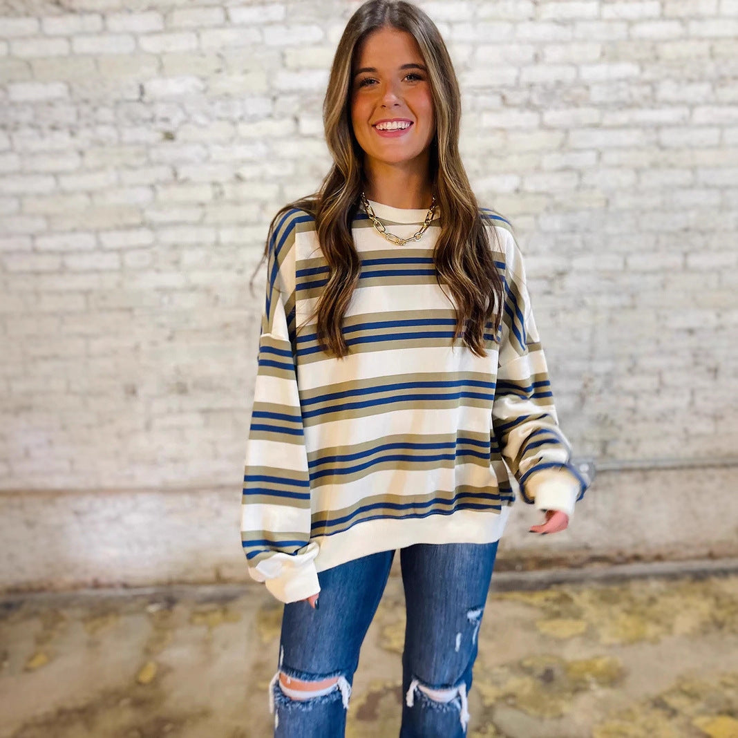 Women's Knitted Fashion Loose Slimming Contrast Color Round Women's Sweater, Sweater