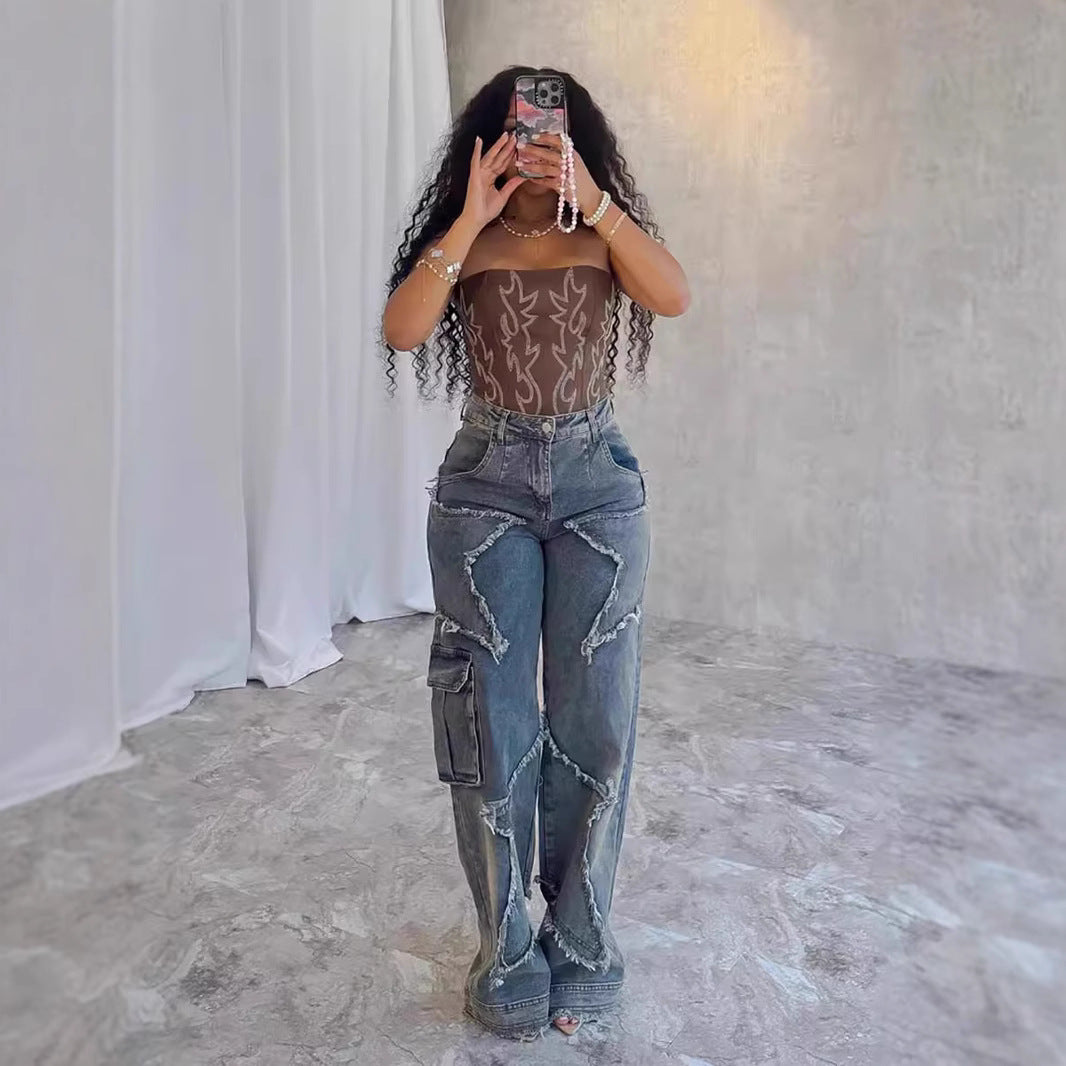 Women's Fringed Burr Loose Straight Casual Jeans