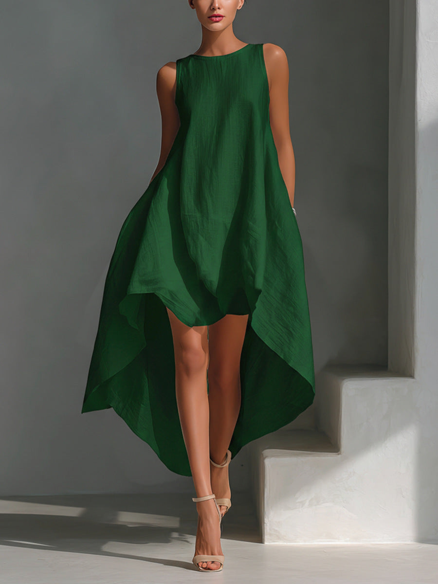 Women's Spring Cotton Linen Front Long Back Irregular Sleeveless Dress