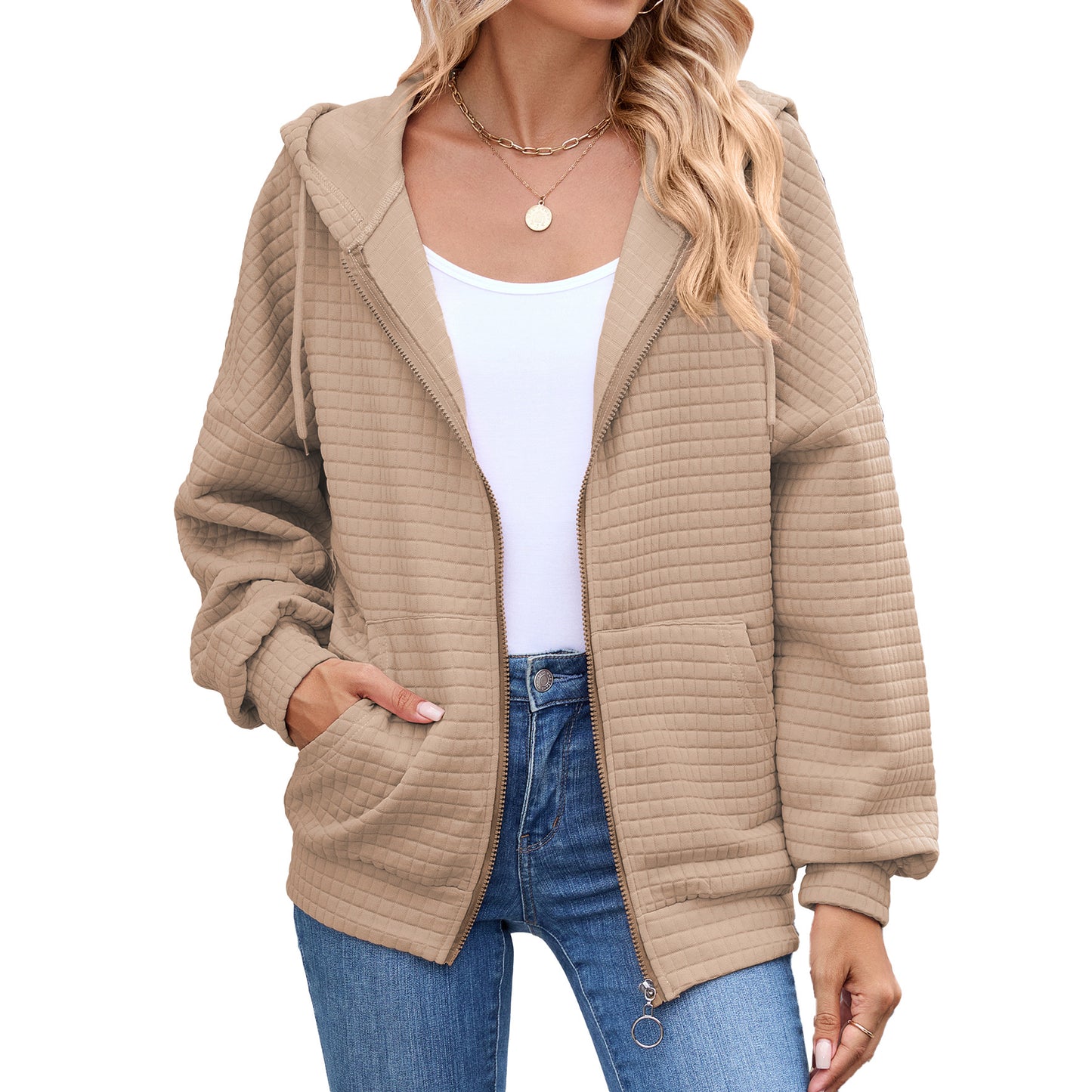 Women's Solid Color Zipper Hooded Pocket Sweatshirt Coats