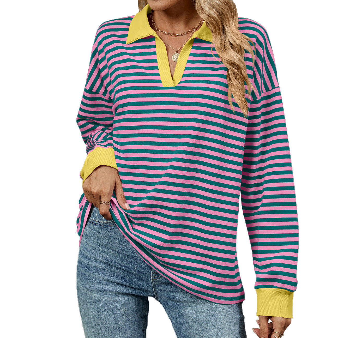 Women's Color Lapels Loose Long Sleeve Striped Women's Sweater, Sweater