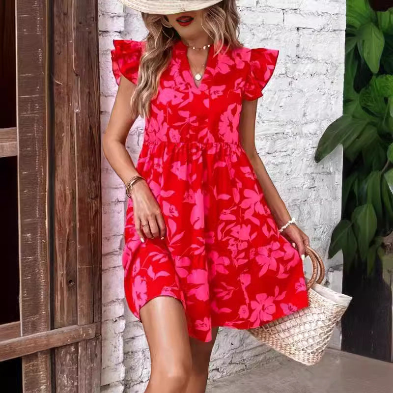 Attractive Women's Ruffle Sleeve Loose Printed Dress