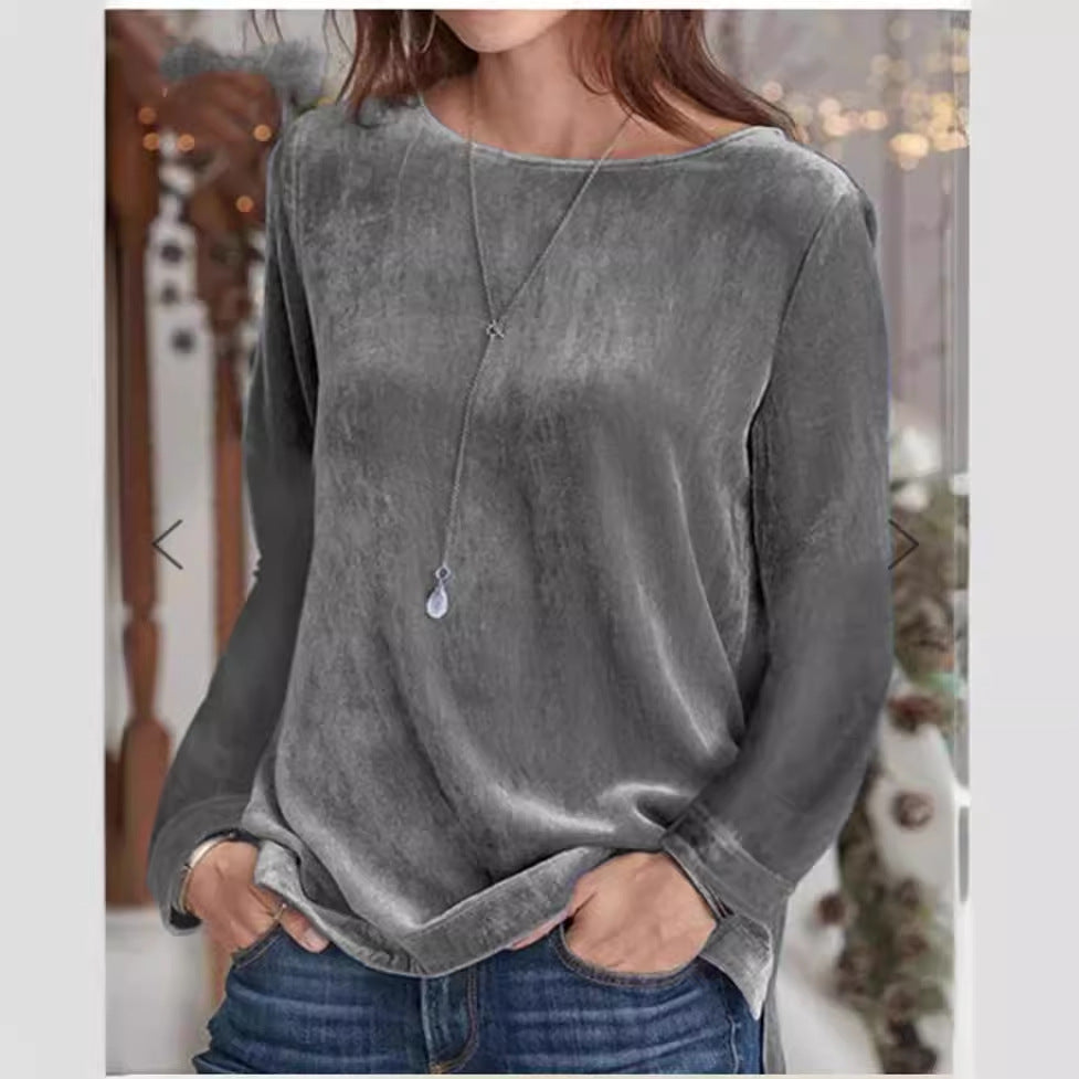 Solid Color Veet Round Neck Pullover Women's Sweater, Sweater