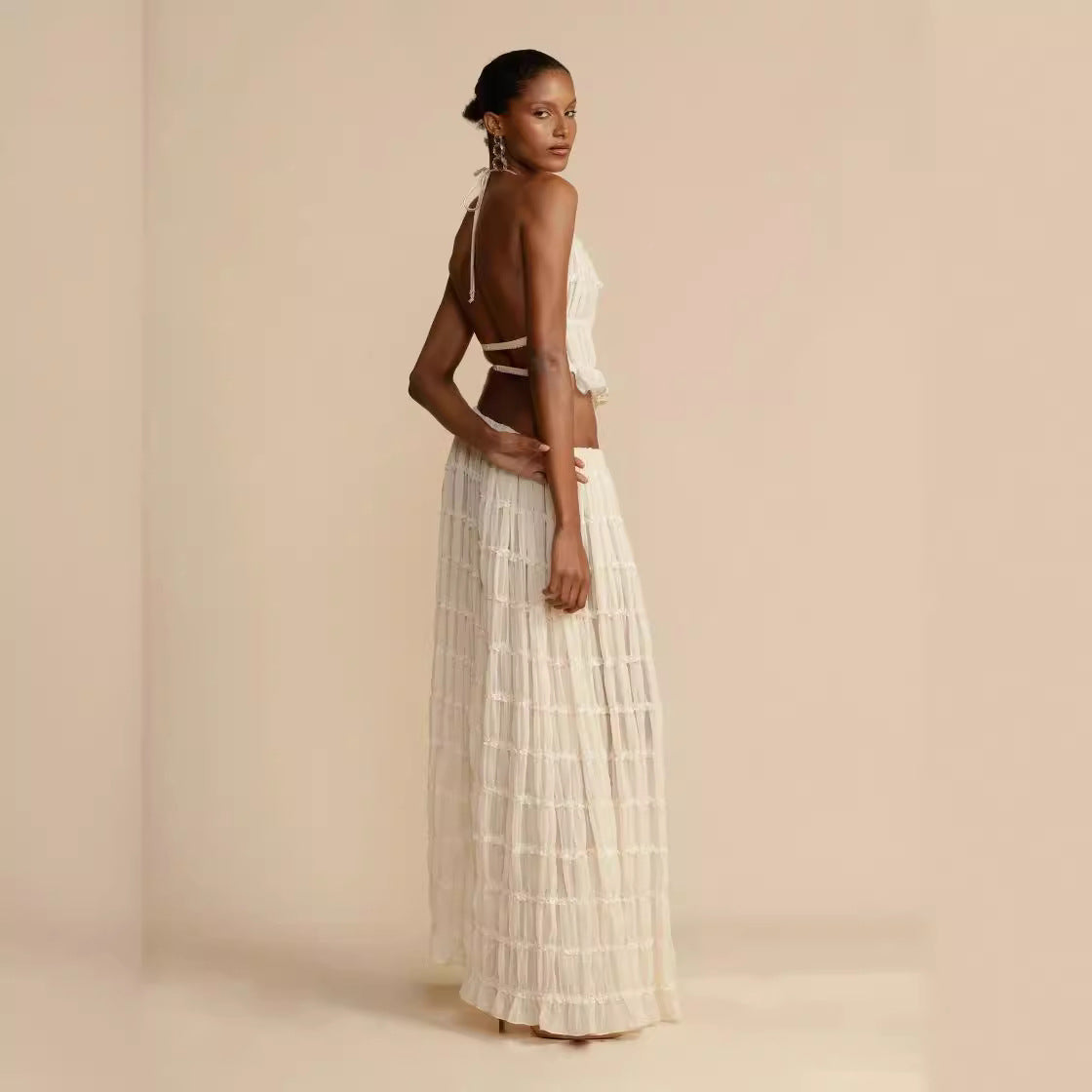 Strap Drawstring Chiffon Pleated Dress Two-piece Dresses