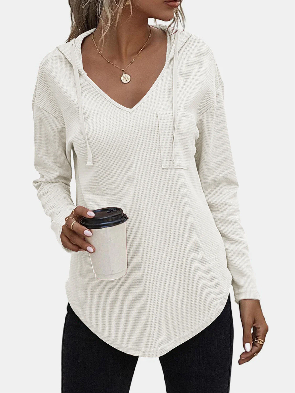 Women's Xi Waffle Casual Fashion Solid Color Hooded Knitted Patch Pocket Blouses