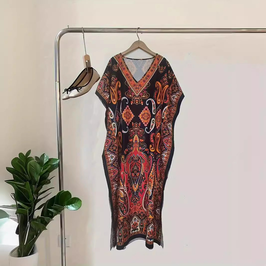 Women's Ethnic Printed Loose Split Robe Bohemian Dress