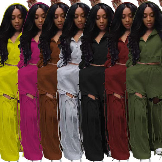 Women's Fashion Loose Hole Wide Leg Versatile Personality Hooded Suits