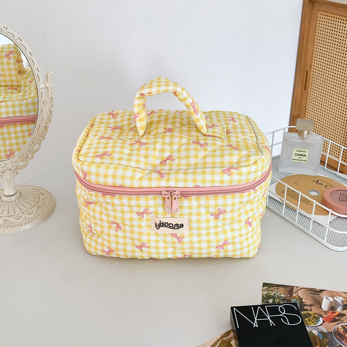 Simple Plaid Korean Style Bow Large Cosmetic Bags