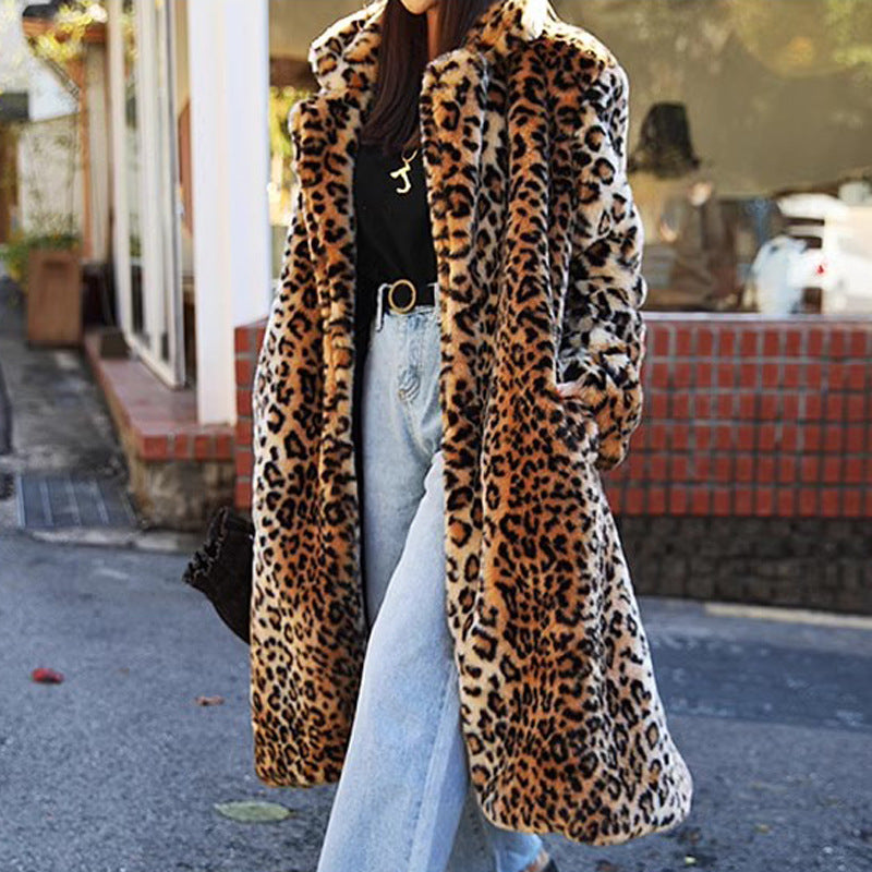 Women's Kendall Long Imitation Fur Leopard Thickened Coats