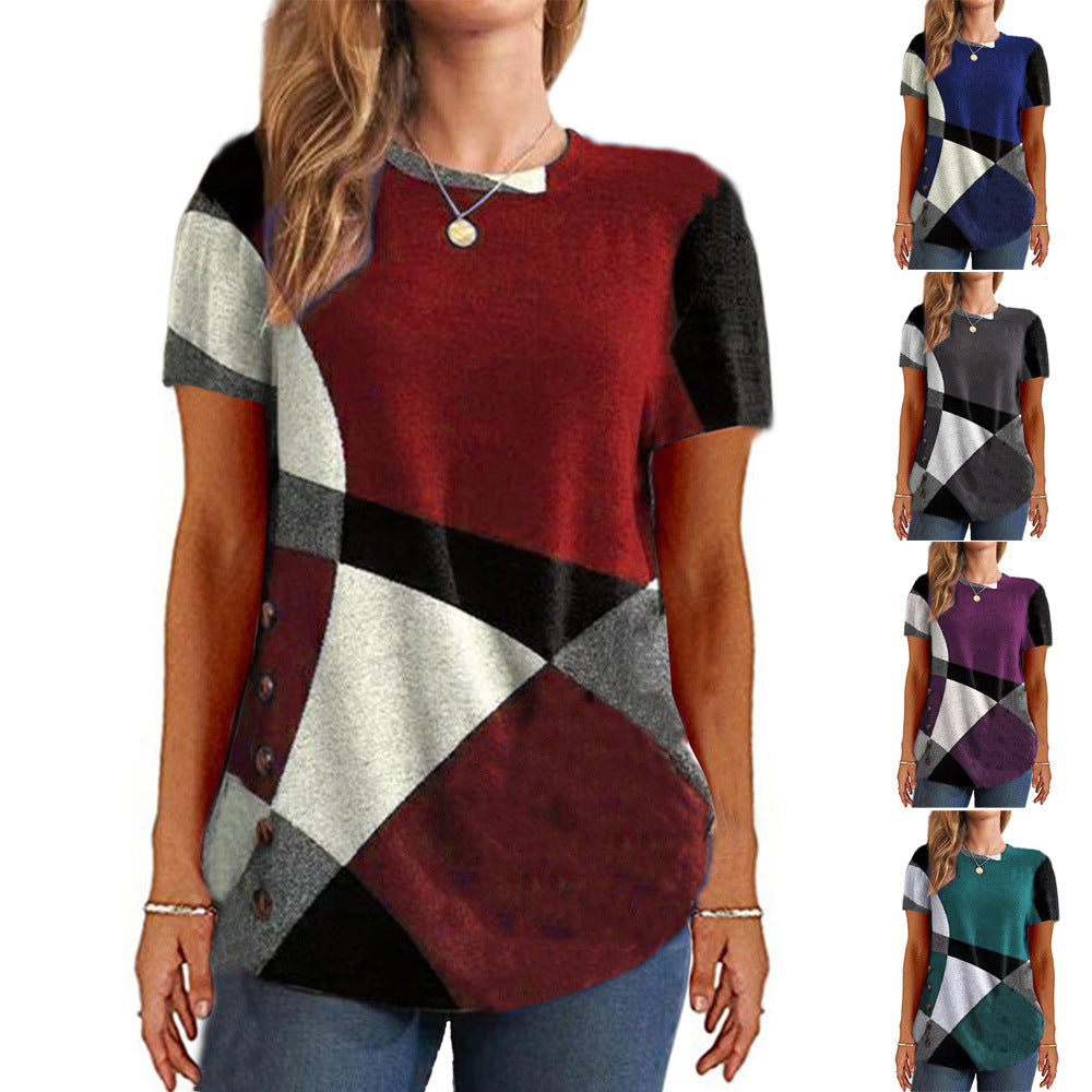 Women's French Cashmere Printing Color Contrast Sleeve Women's T-shirt