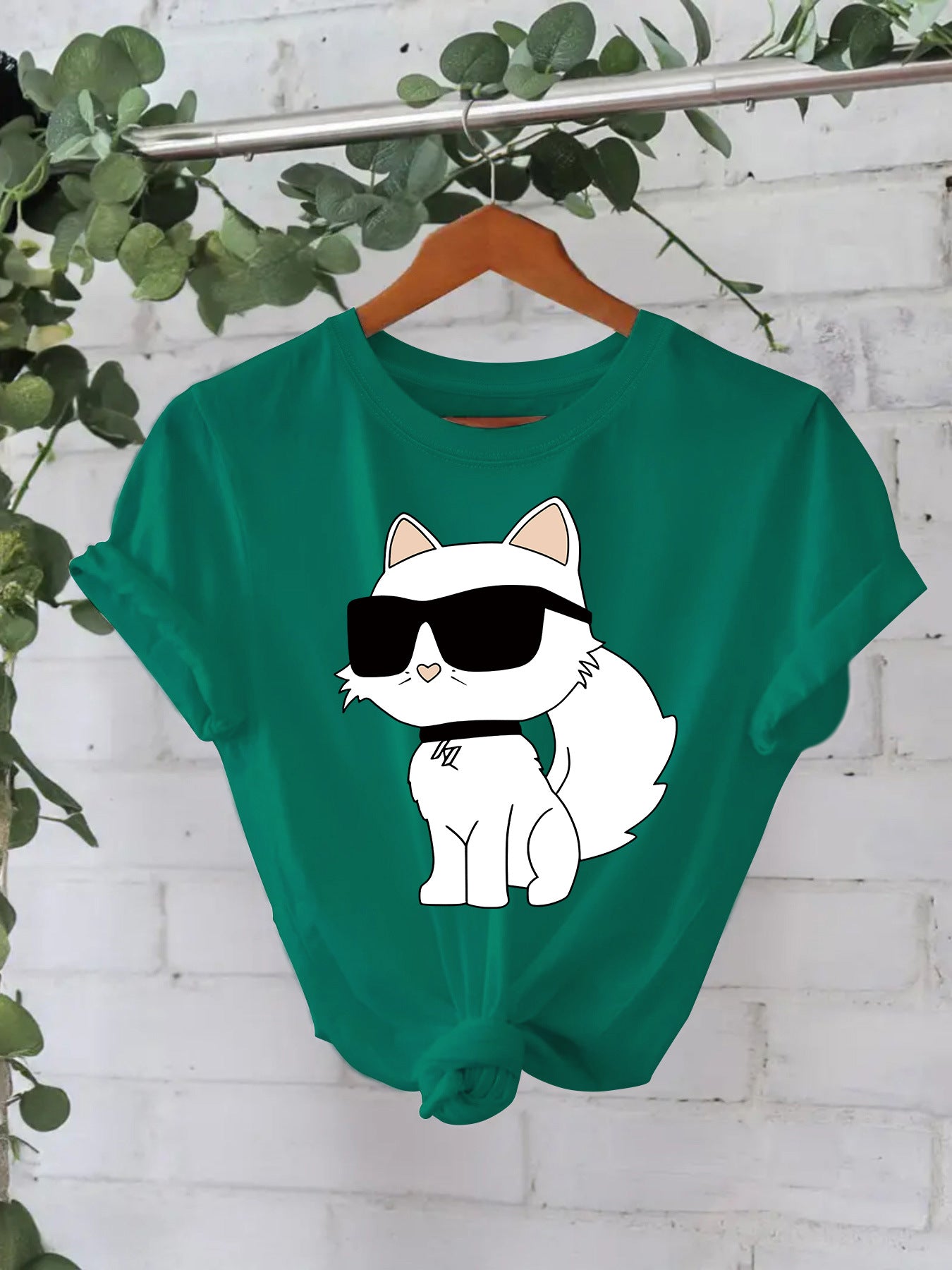 Casual Sleeve Female White Sunglasses Cat Summer Round Neck Women's T-shirt