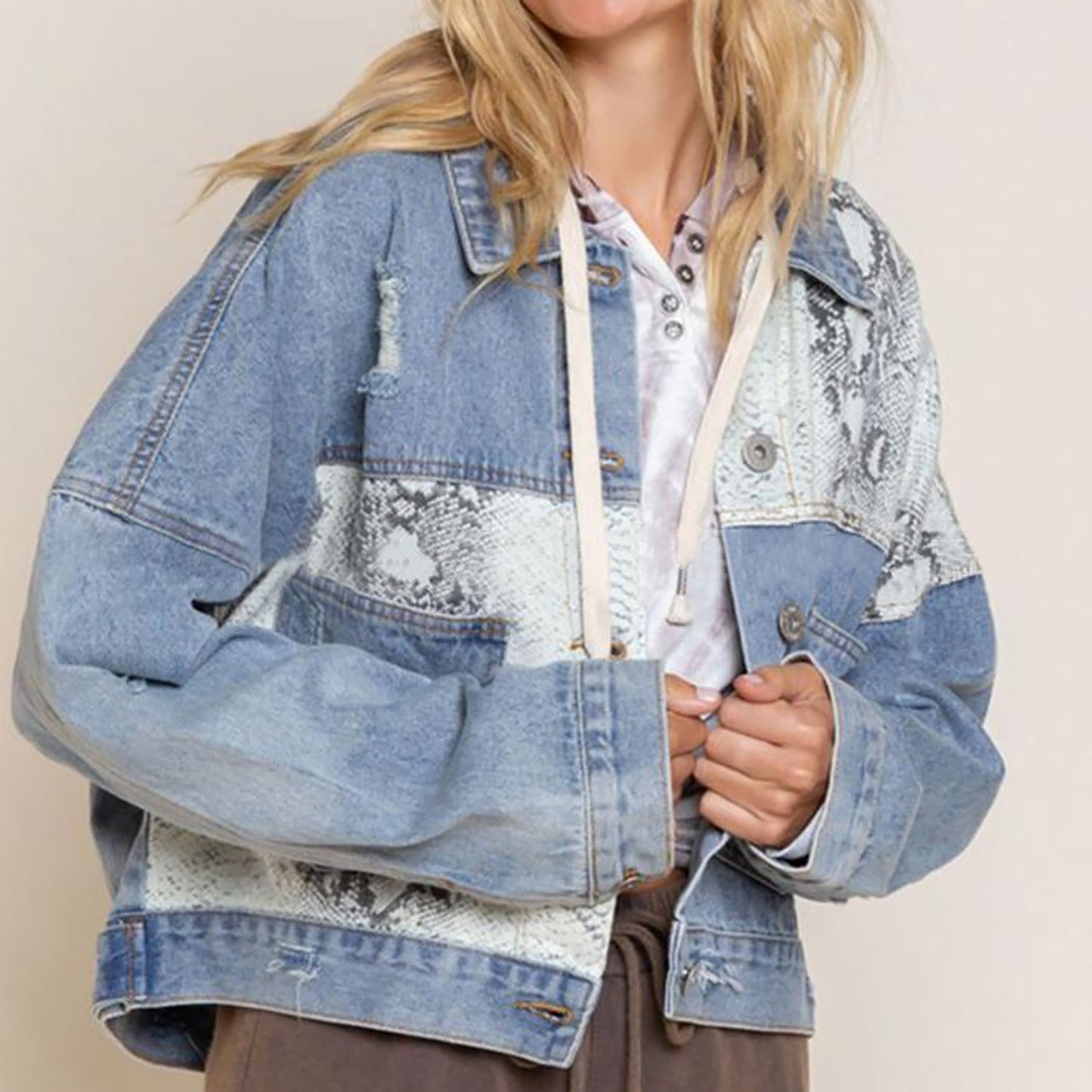 Leopard Print Fashion Stitching Ripped Denim Jackets