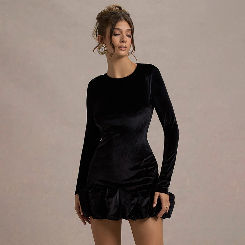 Women's Veet Round Neck Long Sleeve Three-dimensional Pleated Hem Slim Dress