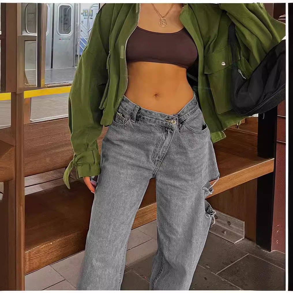 Women's Fashionable Oblique Waist Low Loose Hole Women's Jeans