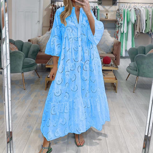 Women's Bell Sleeve Lace Solid Color Sexy Long Dresses