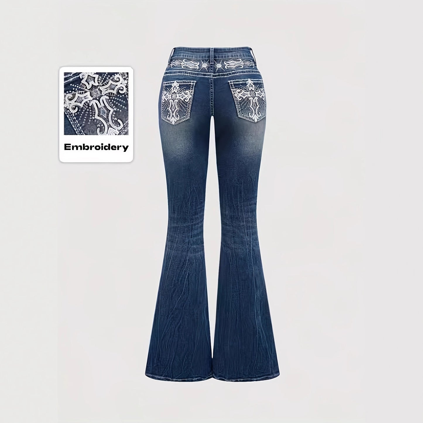 Women's Color Water Scrubbing Pocket Embroidered Hot Fix Rhinestone Jeans
