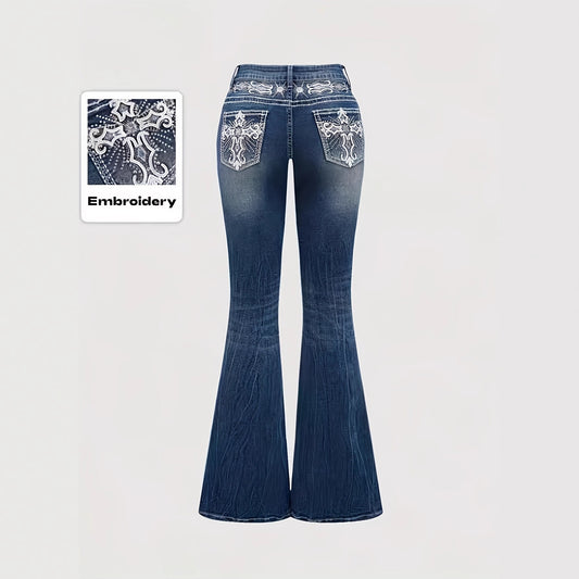 Women's Color Water Scrubbing Pocket Embroidered Hot Fix Rhinestone Jeans