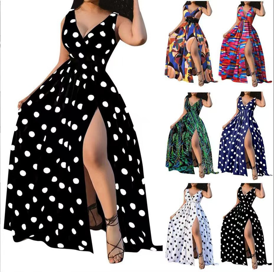 Women's Printed Elegant Sleeveless Sexy Slit Large Dress