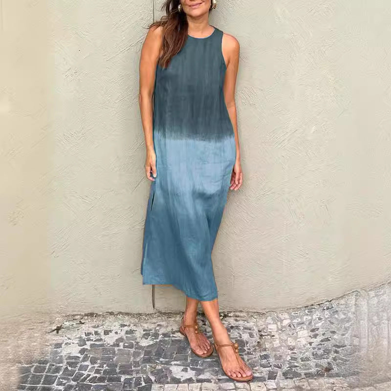 Women's Summer Casual Cotton Linen Sleeveless Slit Dress