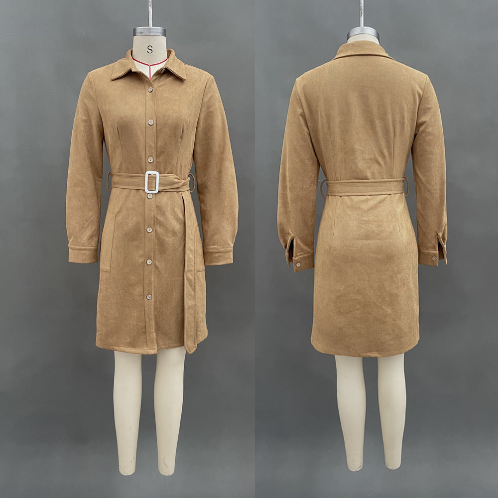 Suede Fashion Long Sleeve Lapel Single Dresses