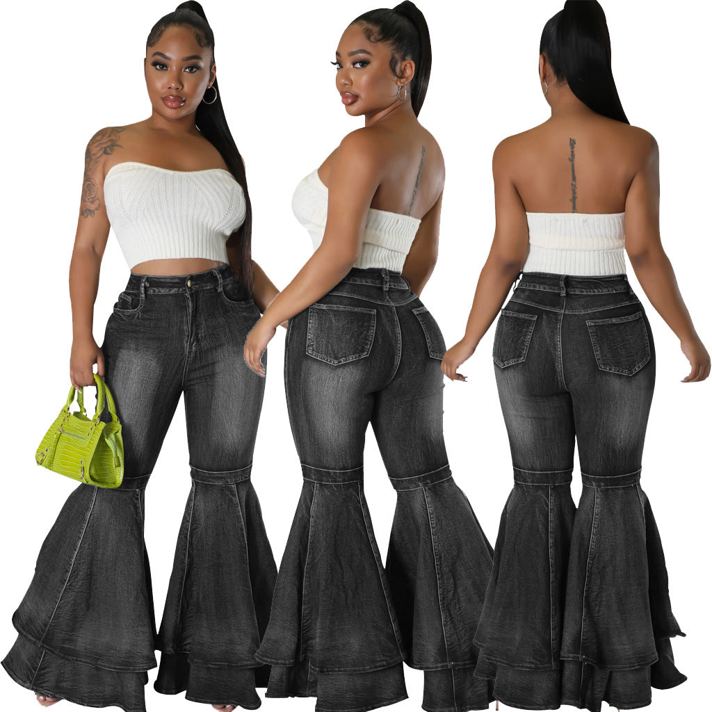 Comfortable Fashionable Washed Denim Stretch Flared Jeans