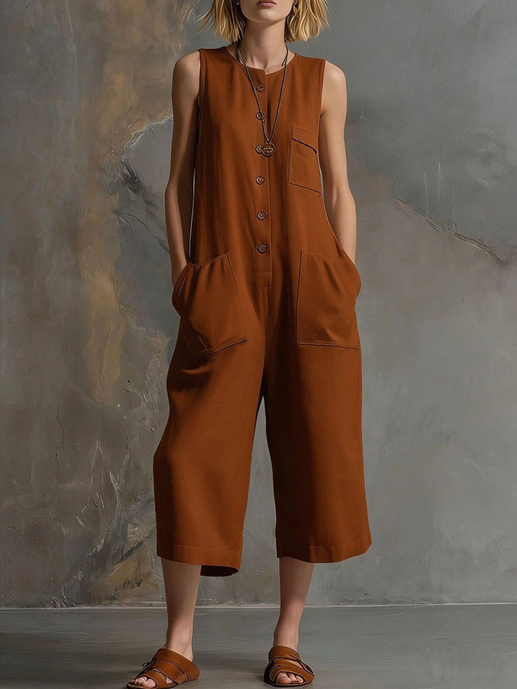 Casual Retro Sleeveless White Wide Leg Women's Jumpsuit/clothing