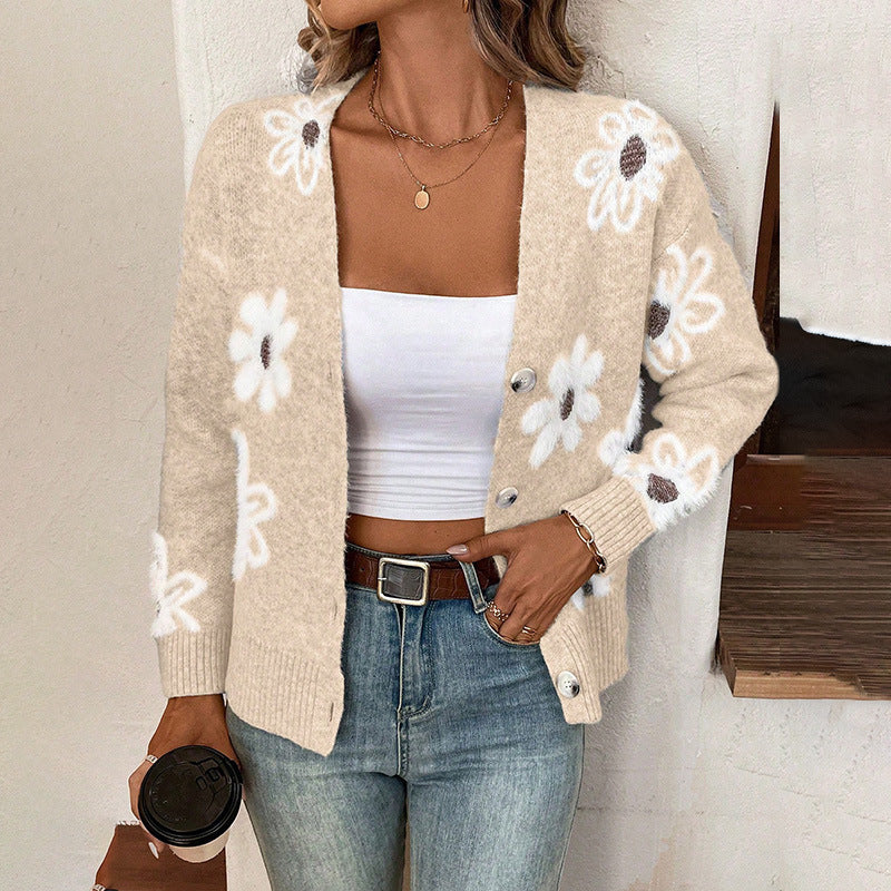 Durable Casual Flowers Print Button Front Sweaters