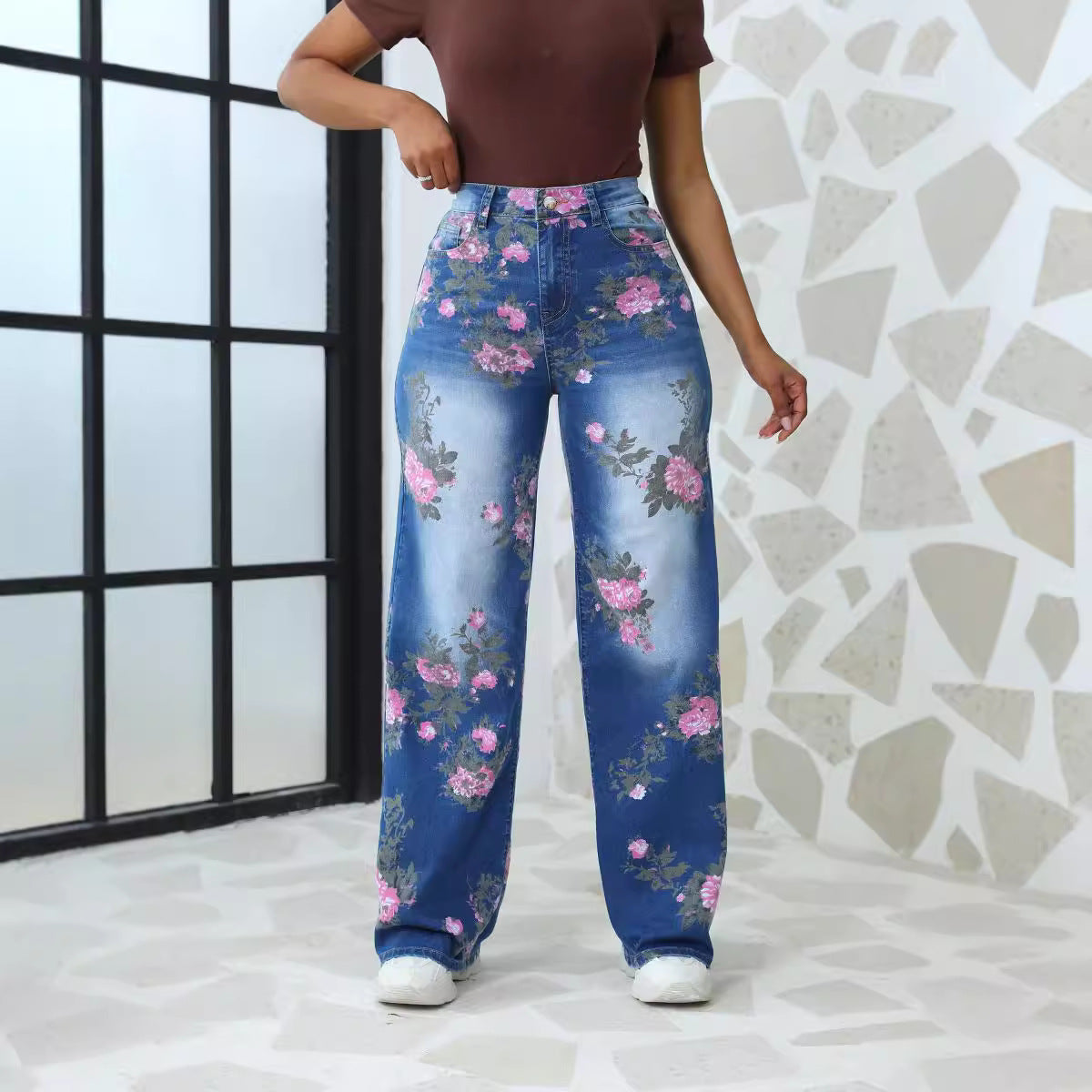 Waist Stretch Vintage Random Print Loose Wide Jeans