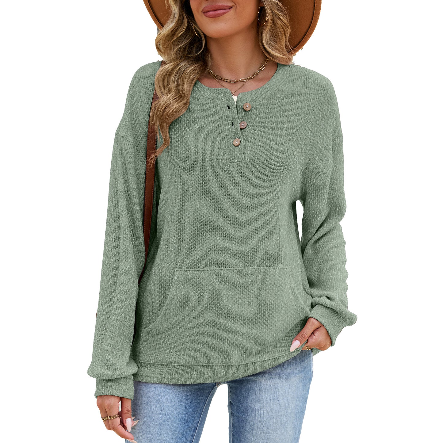 Women's Color Round Neck Button Loose Long Sleeve Pocket Women's Sweater, Sweater