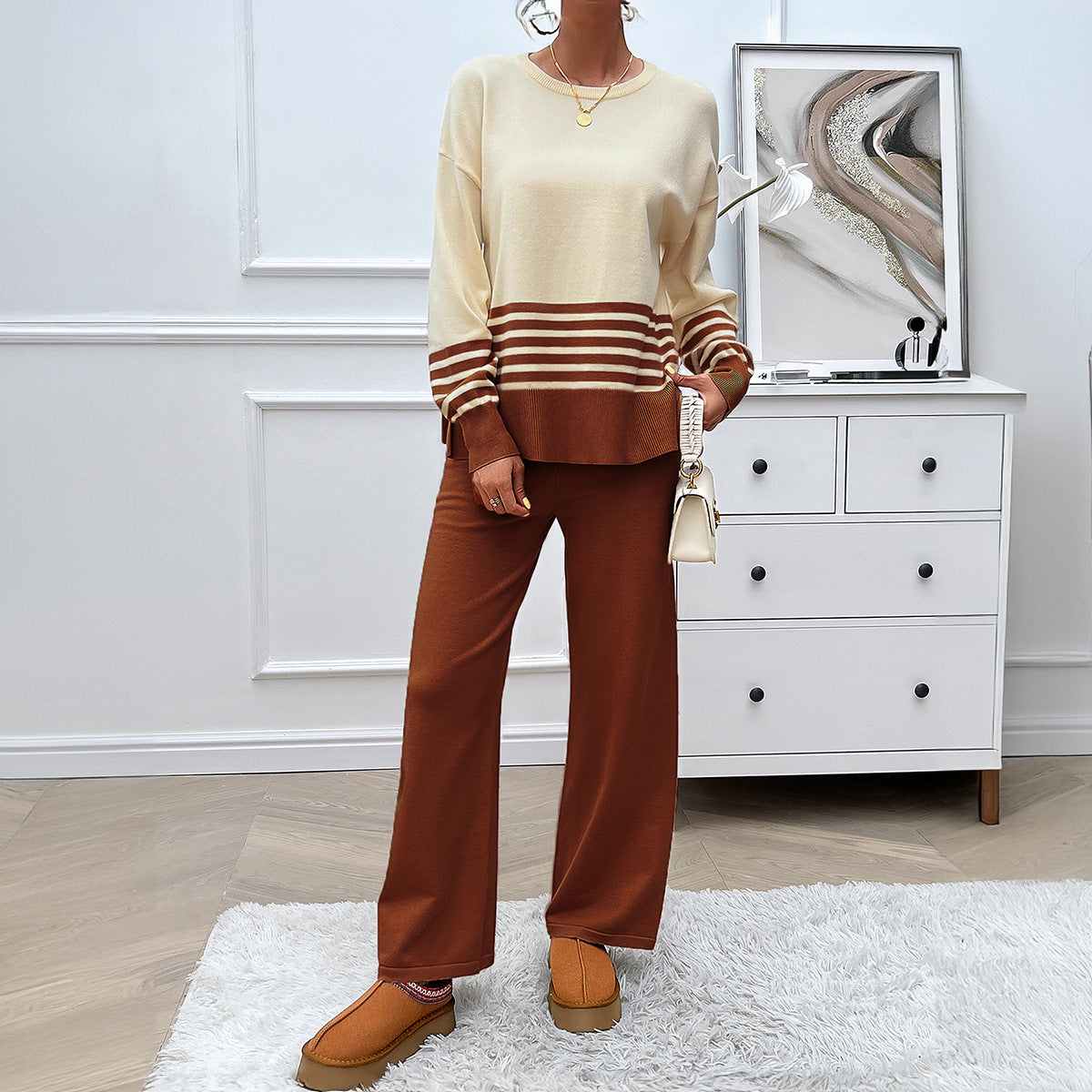 Women's Vacation Style Contrast Color Striped Straight Fashion Casual Suit