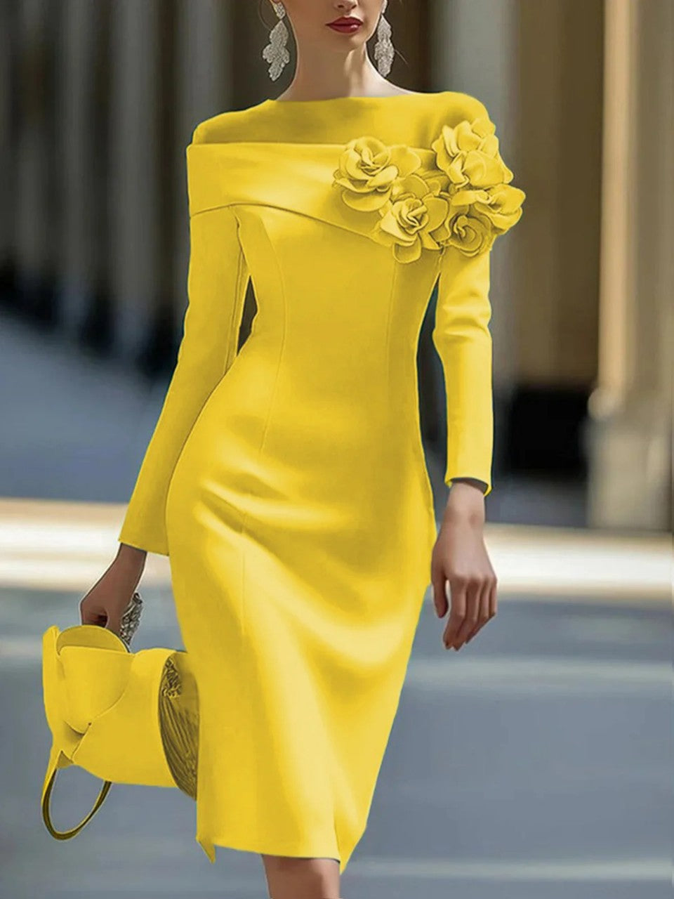 Women's Side Three-dimensional Flower Decoration Solid Color Dresses