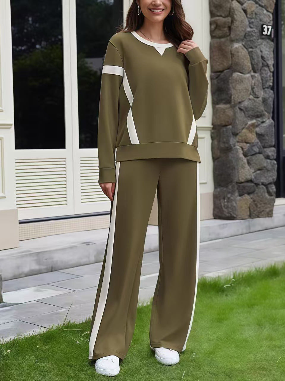Women's Contrast Patchwork Sports Side Striped Two-piece Set Sweatshirt Fashion Casual Suit