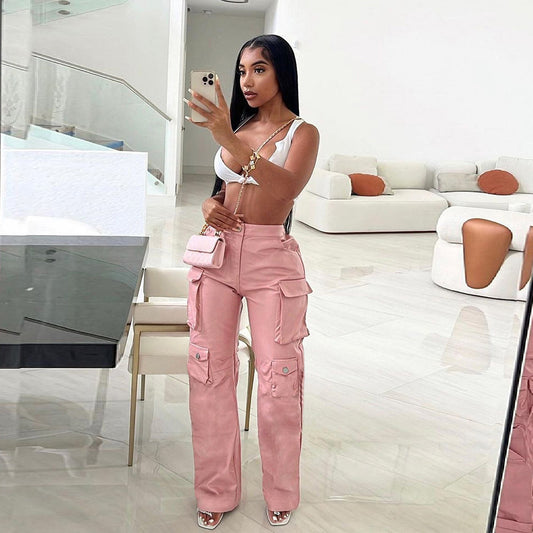 Women's Faux Leather Pocket High Waist Loose Straight Pants