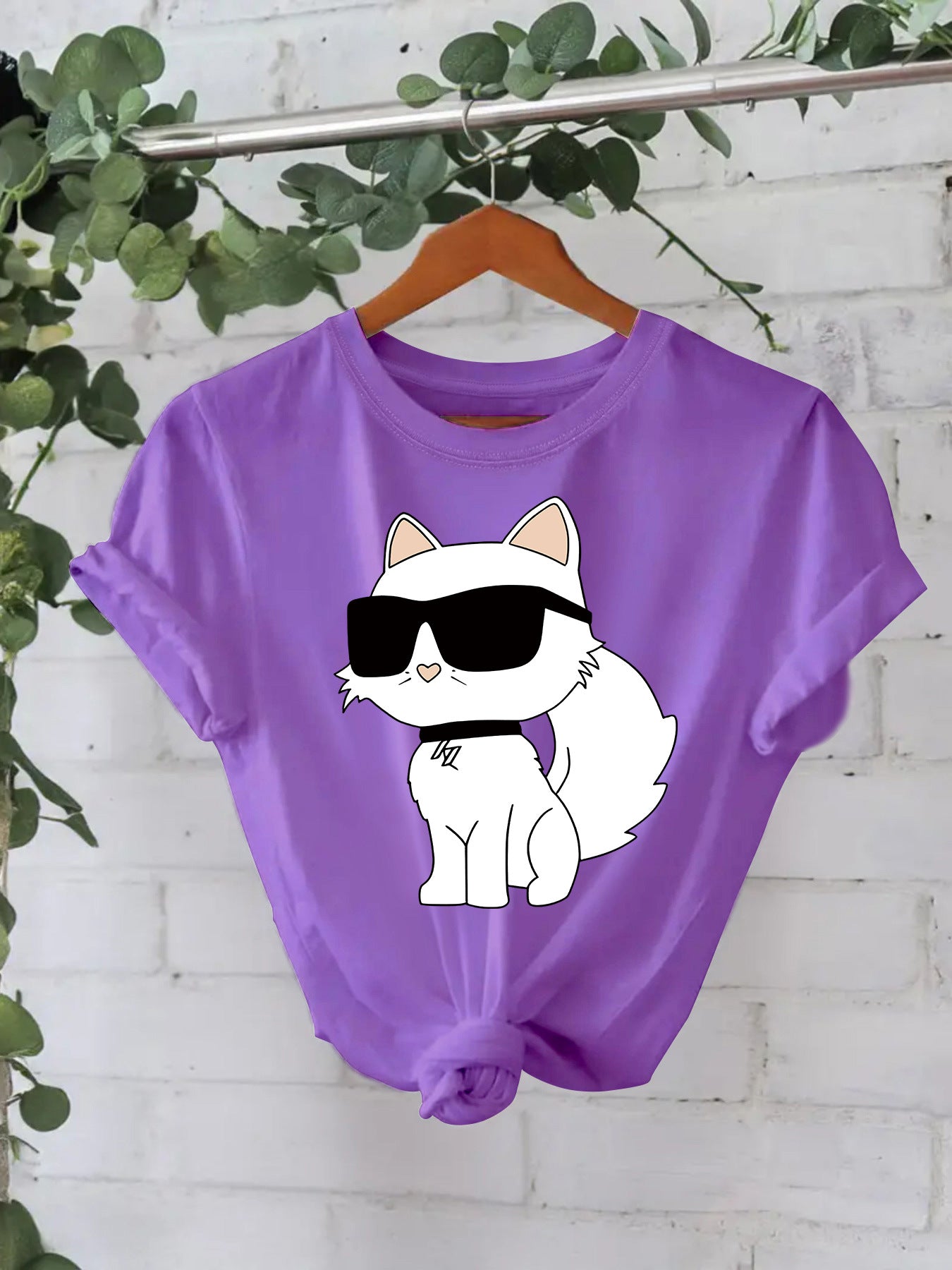 Casual Sleeve Female White Sunglasses Cat Summer Round Neck Women's T-shirt