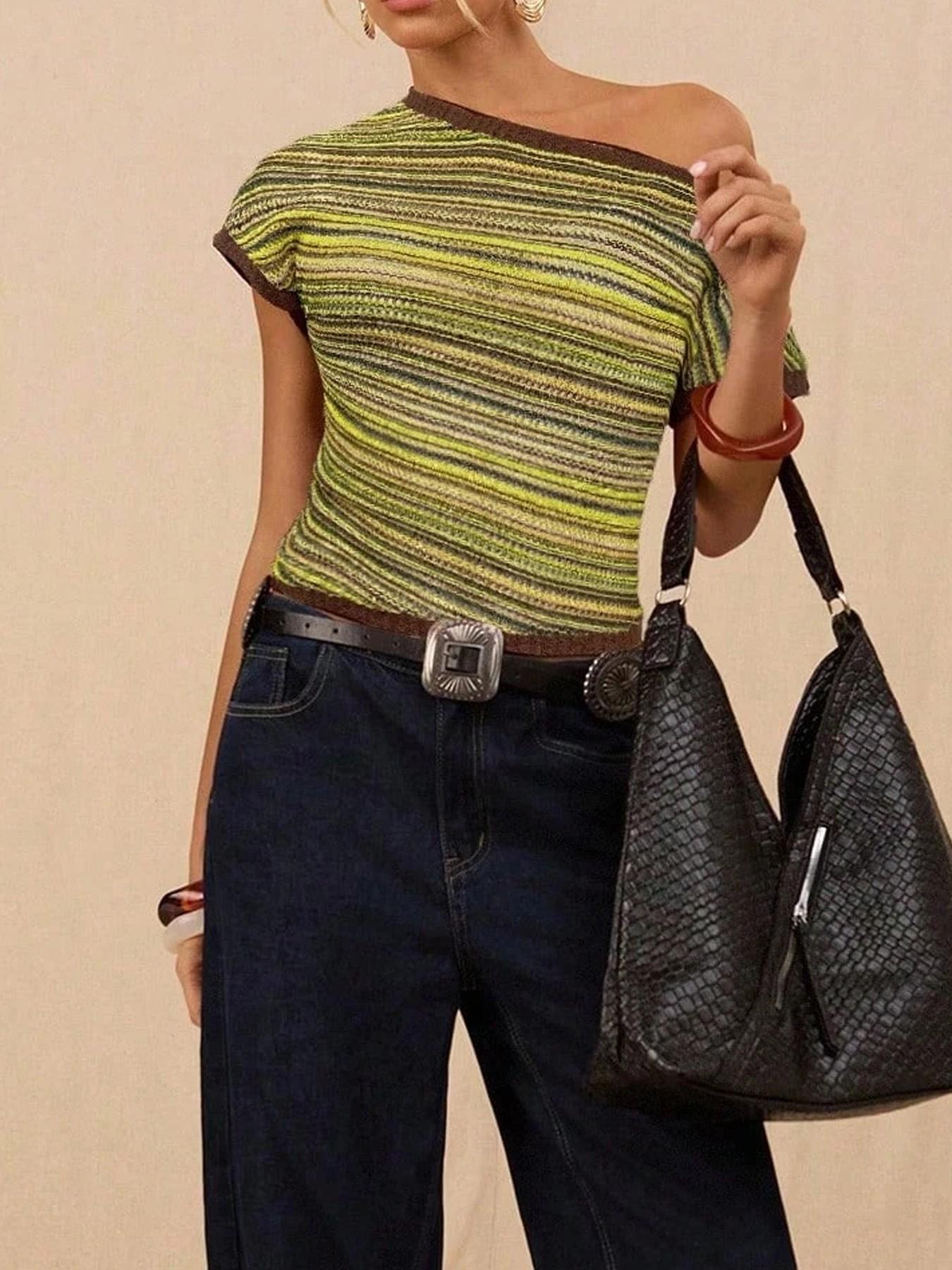 Women's Striped Retro Colorful Knitted Contrast Colors Sleeve Shoulder Women's T-shirt