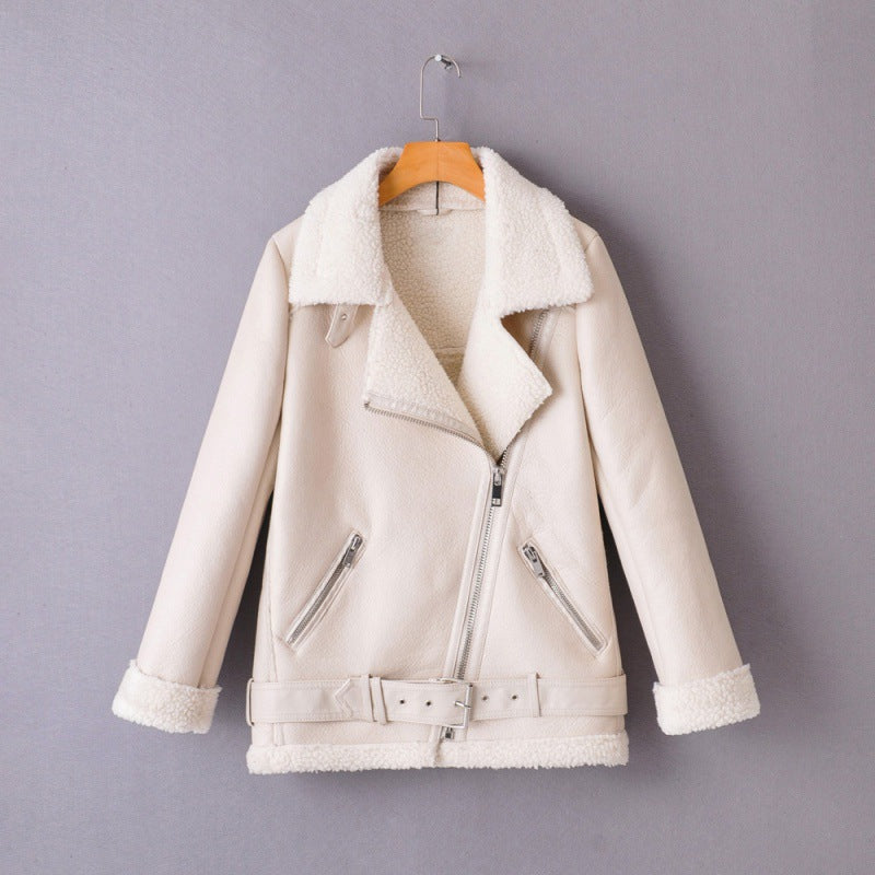 Women's Fur Stitching Leather Thickened Solid Color Coats